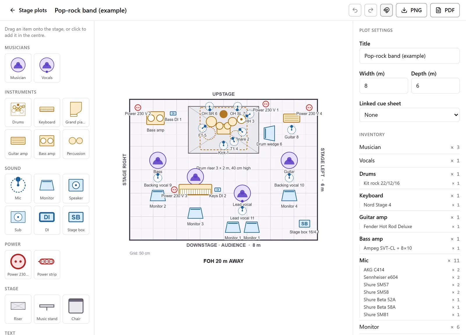 Showduktor stage plot editor: symbol library, a pop-rock band plot with drum mics, and inventory by model